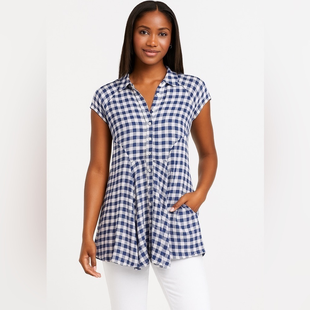 Free People Womens Blue and White Checkered Gingham Blouse Size XS Praire Farm